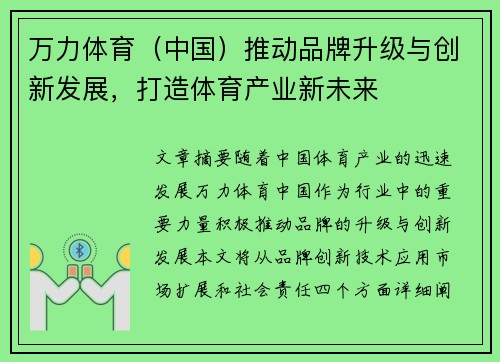 万力体育（中国）推动品牌升级与创新发展，打造体育产业新未来